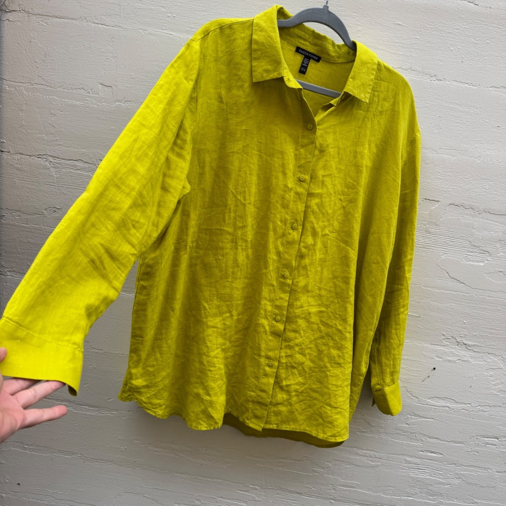 Eileen Fisher Button Down XL Chartreuse Green Organic Linen Oversized Shirt